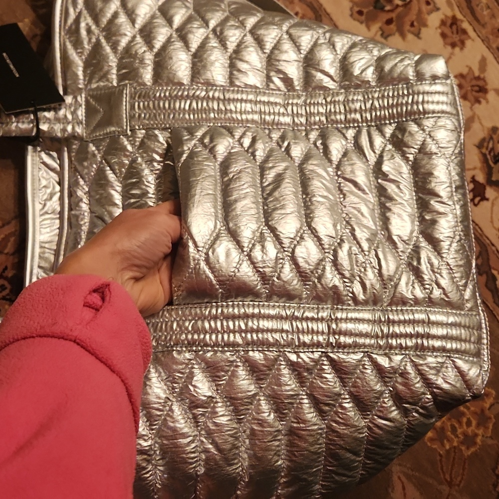 Nicole Miller Silver Quilted Women's Tote Bag Fancy Weekender Shoulder Bag - Picture 6 of 16